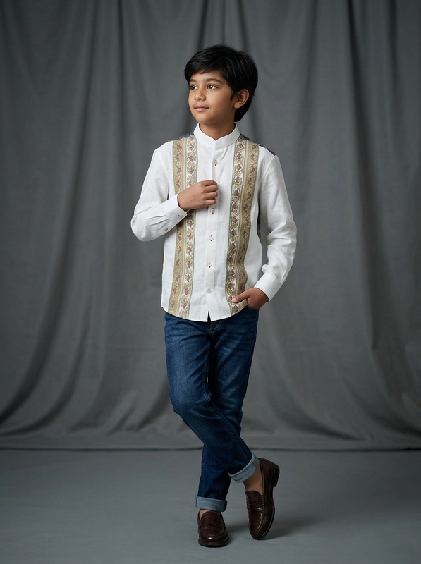 Boy wearing white cotton shirt with dual vertical floral stripe panels and mandarin collar front view