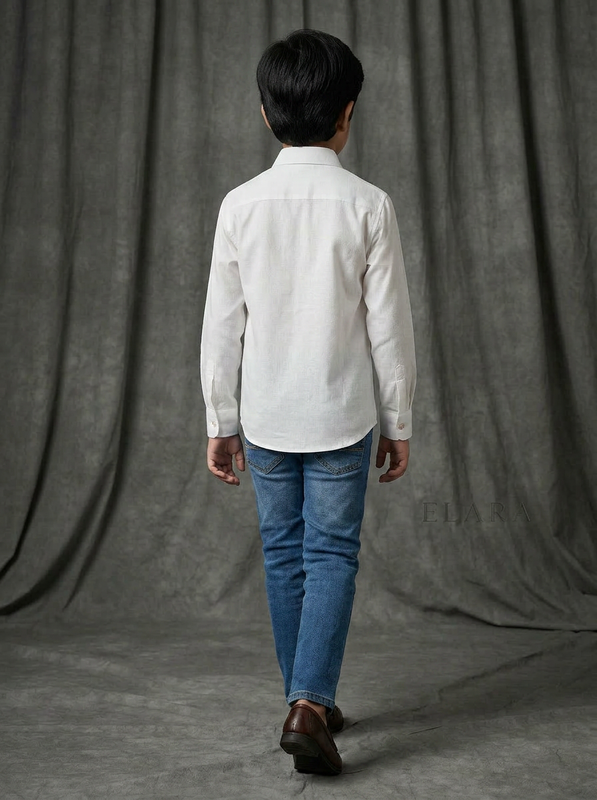Boys White Cotton Shirt with Black Abstract Doodle Curved Side Panel