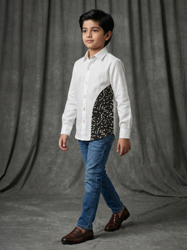Boy wearing white cotton shirt with black abstract doodle curved side panel front view