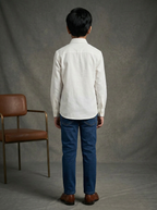 Boys White Cotton Shirt with Black Abstract Print Shoulder & Patch Pocket Panel
