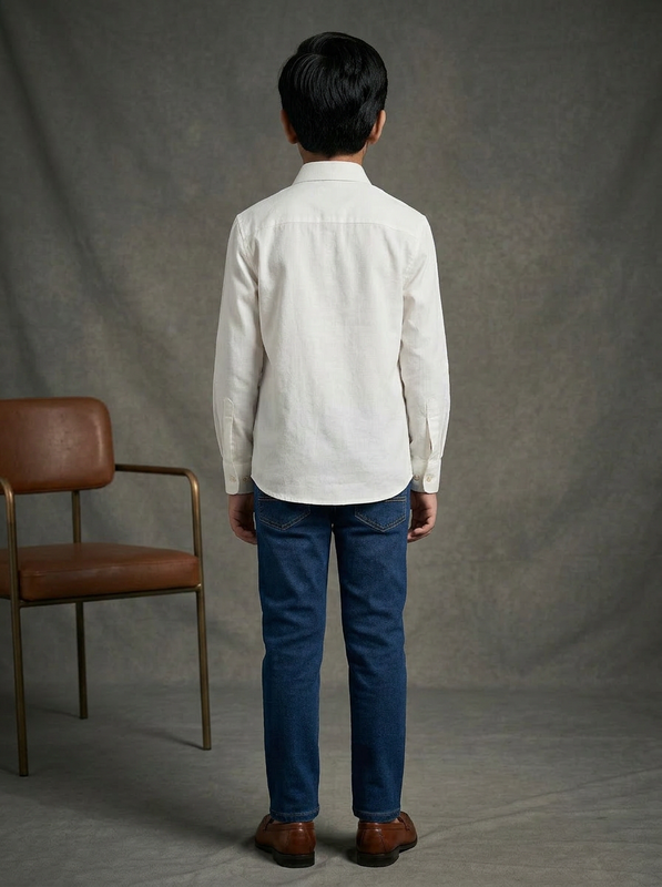 Boys White Cotton Shirt with Black Abstract Print Shoulder & Patch Pocket Panel