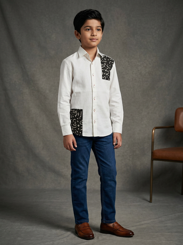 Boy wearing white cotton shirt with black abstract print shoulder panel and patch pocket panel front view