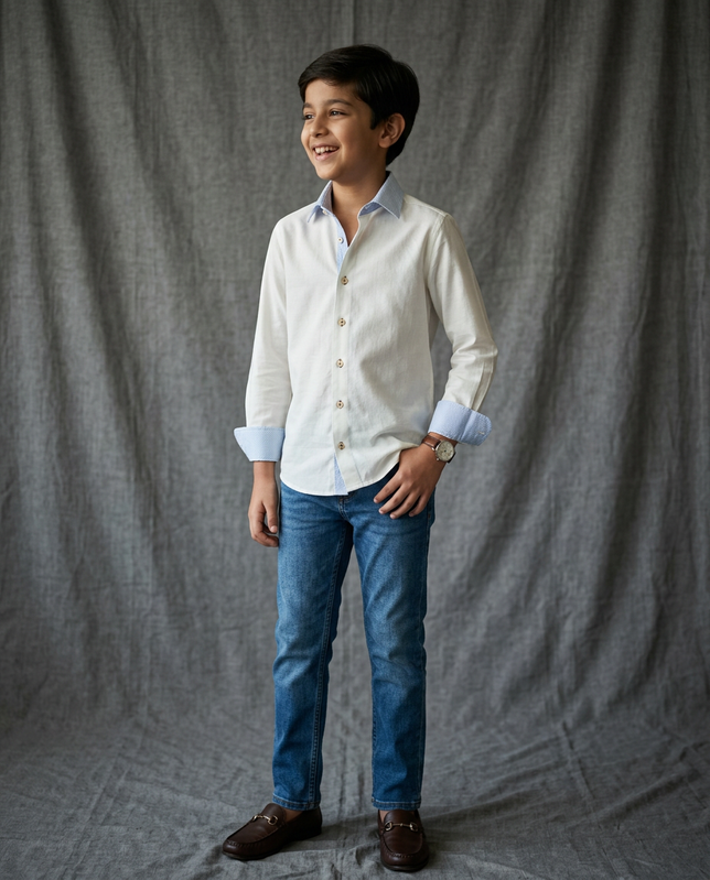 Boy wearing white cotton shirt with contrast light blue striped collar and cuffs front view