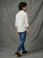 Boys White Cotton Shirt with Purple Black Floral Printed Panel