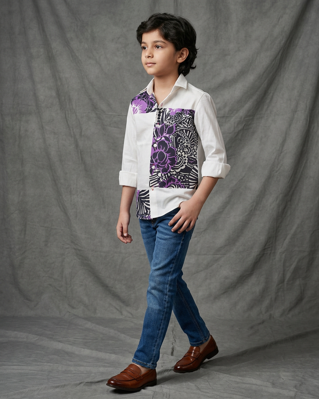 Boy wearing white cotton shirt with purple and black floral printed contrast panel front view