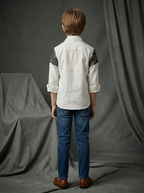 Boys White Cotton Shirt with Blue Gold Abstract Painted Shoulder Panel