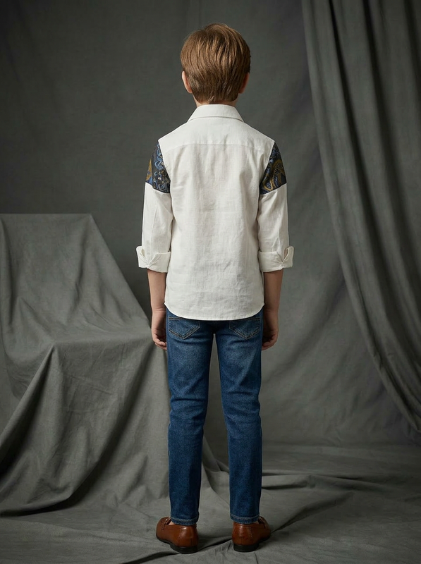 Boys White Cotton Shirt with Blue Gold Abstract Painted Shoulder Panel