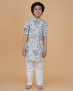 Boys' Floral Printed Cotton Kurta with White Pajama – Elegant Ethnic Wear for Festive & Casual Occasions