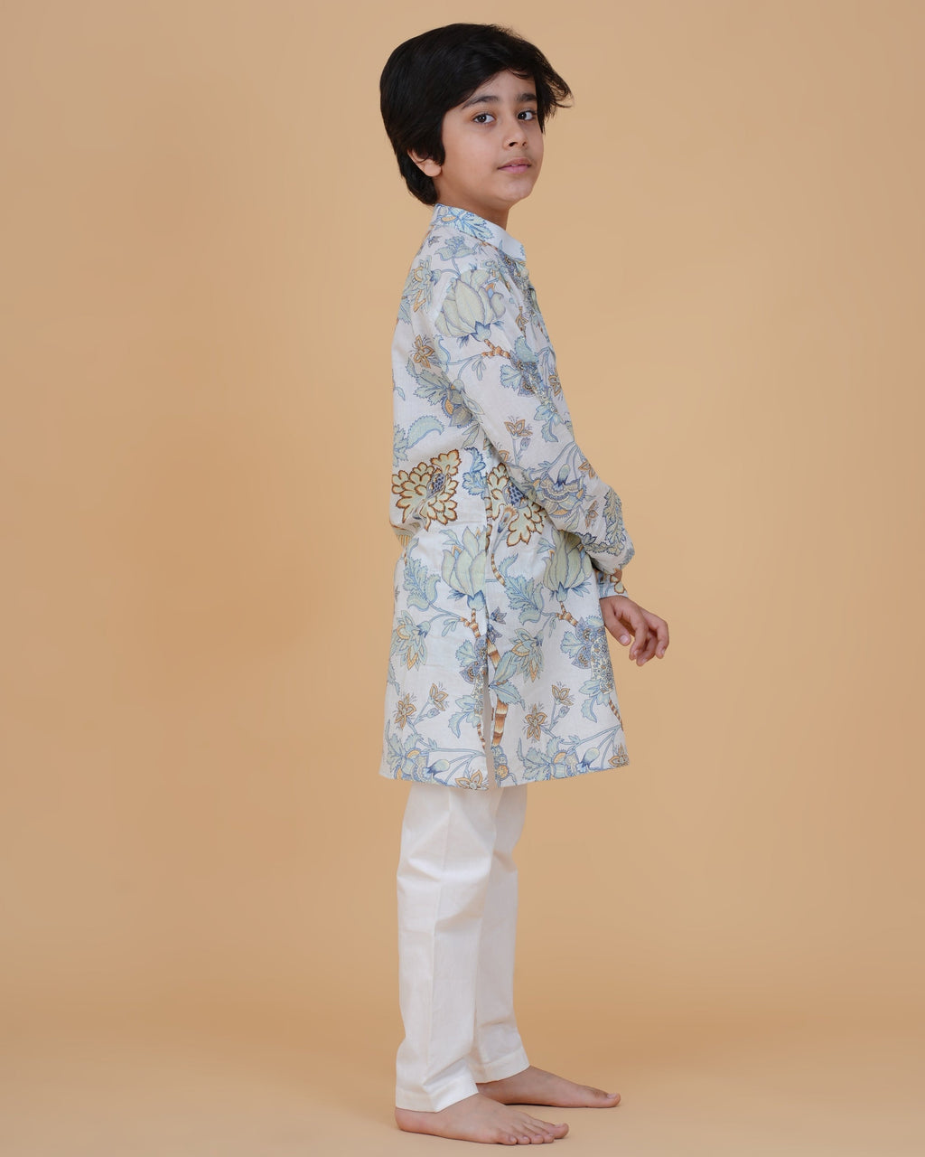 Boys' Floral Printed Cotton Kurta with White Pajama – Elegant Ethnic Wear for Festive & Casual Occasions