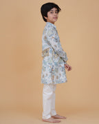 Boys' Floral Printed Cotton Kurta with White Pajama – Elegant Ethnic Wear for Festive & Casual Occasions