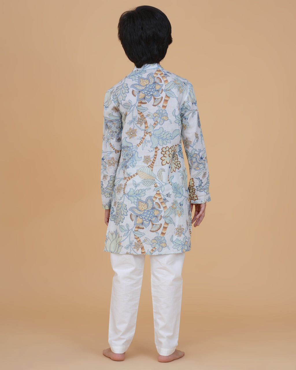 Boys' Floral Printed Cotton Kurta with White Pajama – Elegant Ethnic Wear for Festive & Casual Occasions