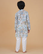 Boys' Floral Printed Cotton Kurta with White Pajama – Elegant Ethnic Wear for Festive & Casual Occasions