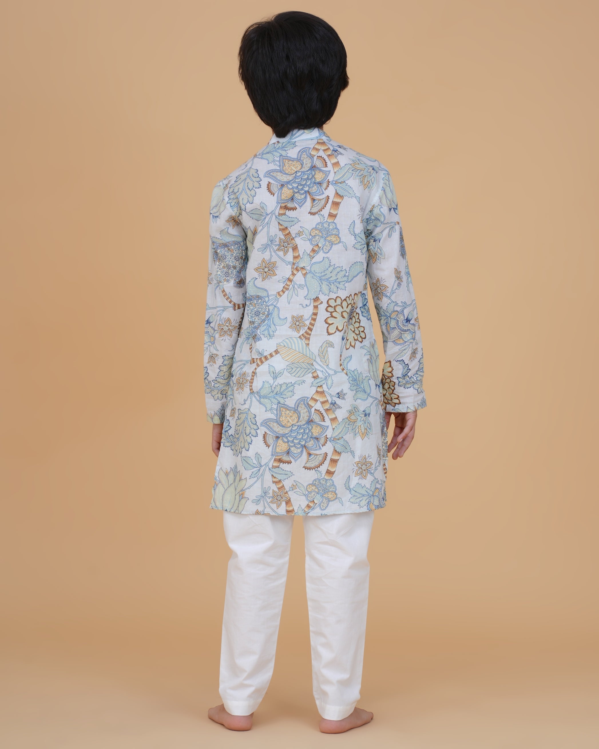 Boys' Floral Printed Cotton Kurta with White Pajama – Elegant Ethnic Wear for Festive & Casual Occasions