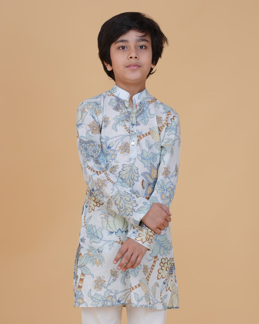 Boys' Floral Printed Cotton Kurta with White Pajama – Elegant Ethnic Wear for Festive & Casual Occasions