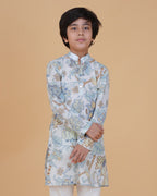 Boys' Floral Printed Cotton Kurta with White Pajama – Elegant Ethnic Wear for Festive & Casual Occasions