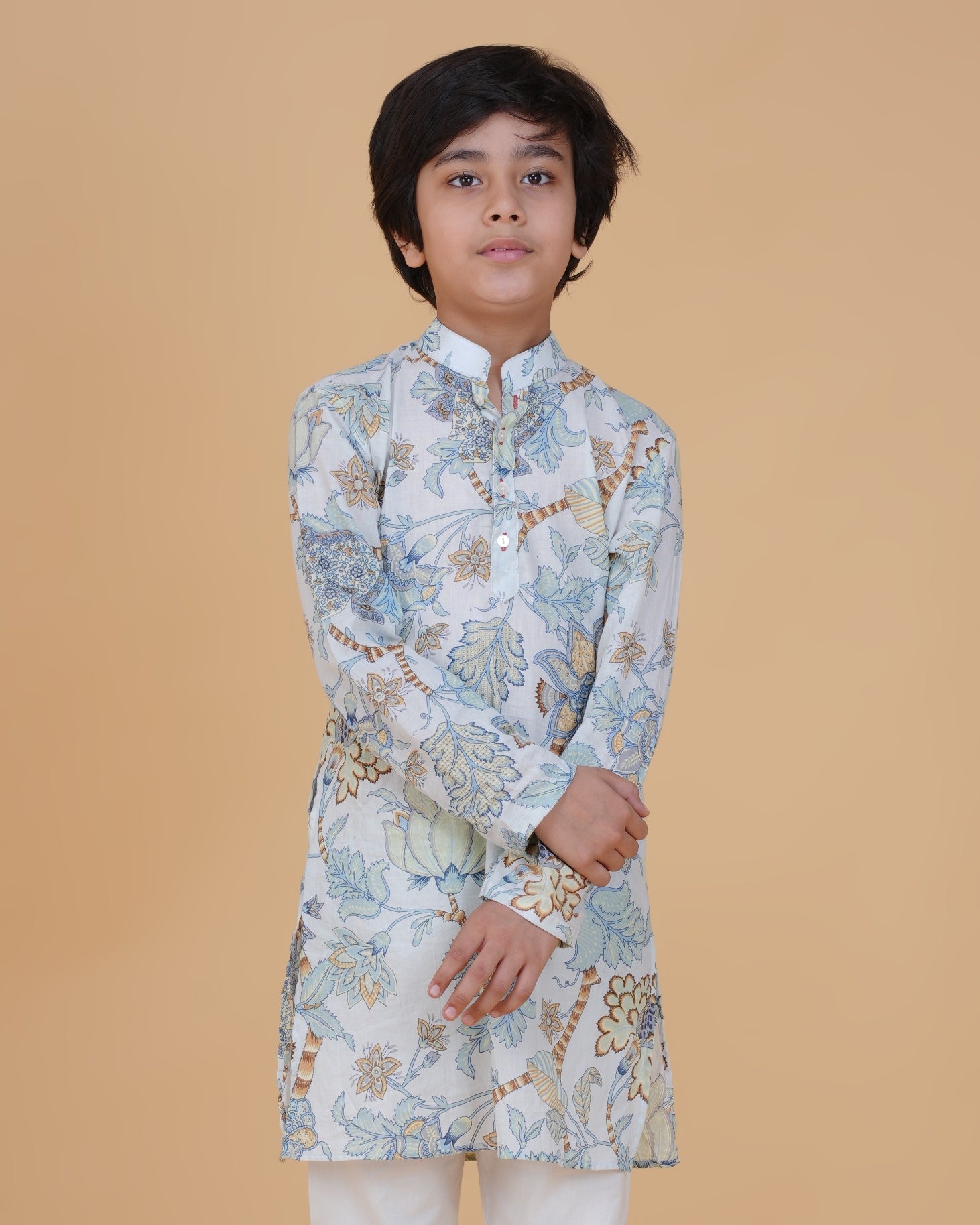 Boys' Floral Printed Cotton Kurta with White Pajama – Elegant Ethnic Wear for Festive & Casual Occasions