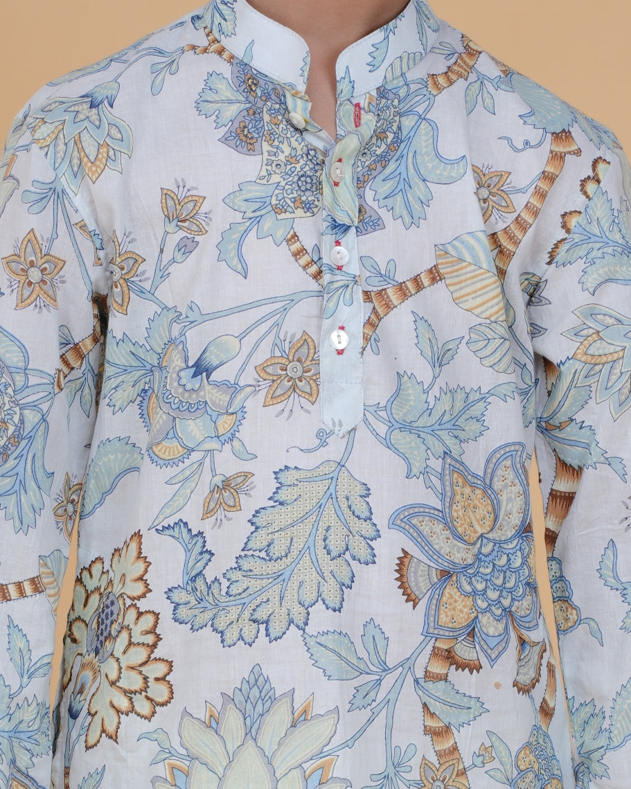 Boys' Floral Printed Cotton Kurta with White Pajama – Elegant Ethnic Wear for Festive & Casual Occasions