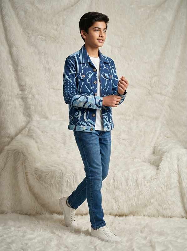 Midnight Blue Abstract Print Cotton Casual Jacket for Boys - 5-6 Years