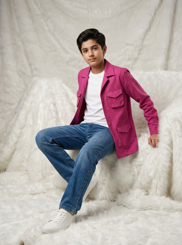 Boy wearing fuchsia pink premium cotton casual jacket with quad flap pockets front view