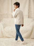 Boys Off White Premium Cotton Casual Jacket with Quad Flap Pockets