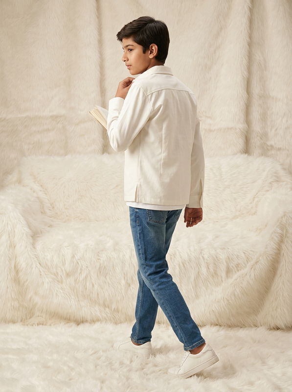 Boys Off White Premium Cotton Casual Jacket with Gingham Check Inner Facing