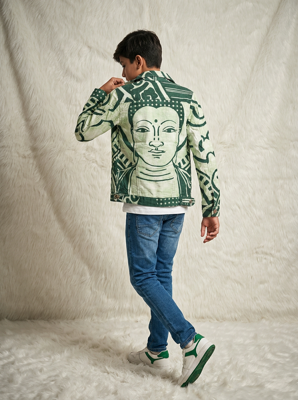 Sage Green Buddha Print Cotton Casual Jacket for Boys - 6-7 Years