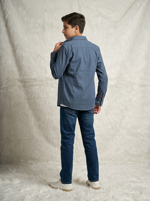 Boys Steel Blue Cotton Casual Shirt Jacket with Tonal Crown Embroidery