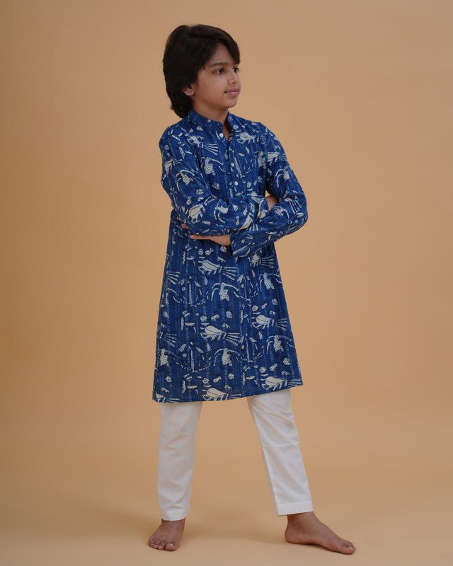 Boys Blue Indigo Vegetable Dye Bird Print Cotton Kurta Pajama Set - view 2 | NEW AGE CLOTHING