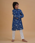 Boys Blue Indigo Vegetable Dye Bird Print Cotton Kurta Pajama Set - view 2 | NEW AGE CLOTHING