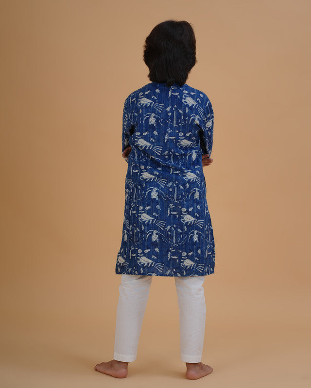 Boys Blue Indigo Vegetable Dye Bird Print Cotton Kurta Pajama Set - view 3 | NEW AGE CLOTHING