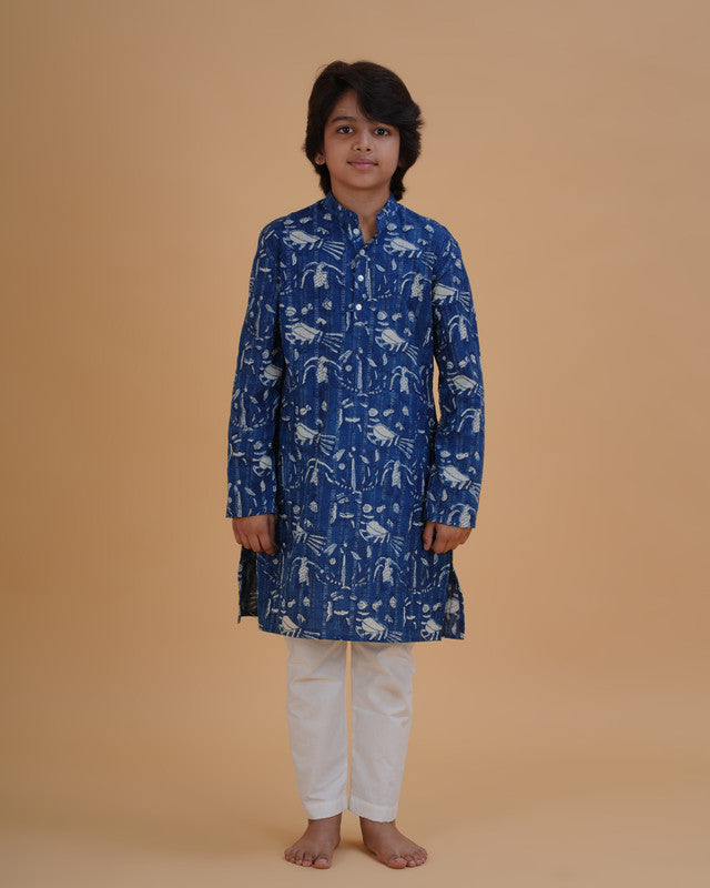 Boys Blue Indigo Vegetable Dye Bird Print Cotton Kurta Pajama Set - view 4 | NEW AGE CLOTHING