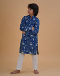 Boy wearing blue indigo boys blue indigo vegetable dye bird print cotton kurta pajama set front view | NEW AGE CLOTHING