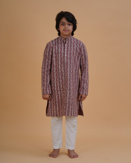 Boy wearing brown bagru boys brown bagru vegetable dye print cotton kurta pajama set front view | NEW AGE CLOTHING