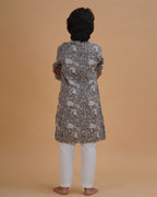 Boys Grey Vegetable Dye Bird Print Cotton Kurta Pajama Set - view 4 | NEW AGE CLOTHING