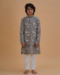 Boy wearing grey boys grey vegetable dye bird print cotton kurta pajama set front view | NEW AGE CLOTHING