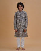 Boy wearing grey boys grey vegetable dye bird print cotton kurta pajama set front view | NEW AGE CLOTHING