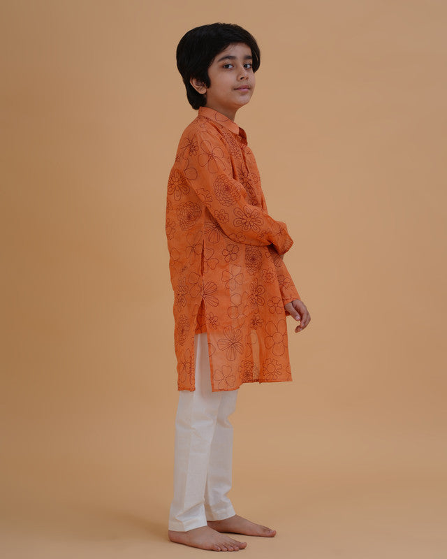 Boys Orange Soft Organdy Floral Outline Print Cotton Kurta Pajama Set - view 2 | NEW AGE CLOTHING