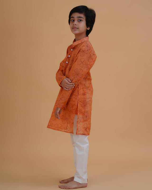 Boys Orange Soft Organdy Floral Outline Print Cotton Kurta Pajama Set - view 3 | NEW AGE CLOTHING