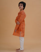 Boys Orange Soft Organdy Floral Outline Print Cotton Kurta Pajama Set - view 3 | NEW AGE CLOTHING