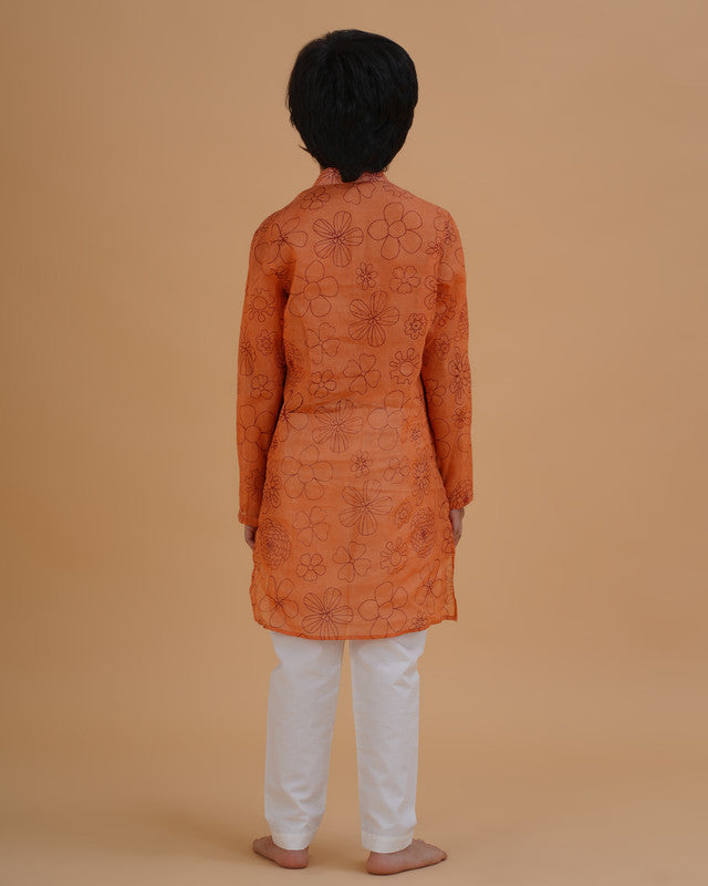 Boys Orange Soft Organdy Floral Outline Print Cotton Kurta Pajama Set - view 4 | NEW AGE CLOTHING