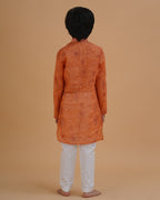 Boys Orange Soft Organdy Floral Outline Print Cotton Kurta Pajama Set - view 4 | NEW AGE CLOTHING