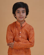 Boys Orange Soft Organdy Floral Outline Print Cotton Kurta Pajama Set - view 5 | NEW AGE CLOTHING