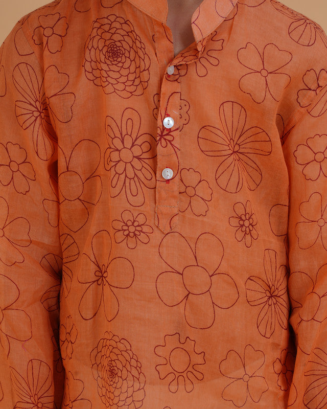 Boys Orange Soft Organdy Floral Outline Print Cotton Kurta Pajama Set - view 6 | NEW AGE CLOTHING