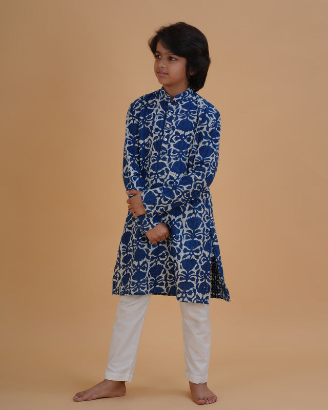 Boys Blue Indigo Vegetable Dye Solid Cotton Kurta Pajama Set - view 2 | NEW AGE CLOTHING