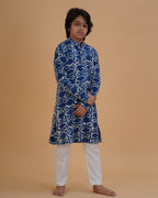 Boy wearing indigo blue boys blue indigo vegetable dye solid cotton kurta pajama set front view | NEW AGE CLOTHING