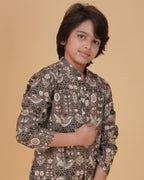 Boys Brown Vegetable Dye Small Motifs Print Cotton Kurta Pajama Set - view 5 | NEW AGE CLOTHING