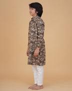 Boy wearing brown boys brown vegetable dye small motifs print cotton kurta pajama set front view | NEW AGE CLOTHING