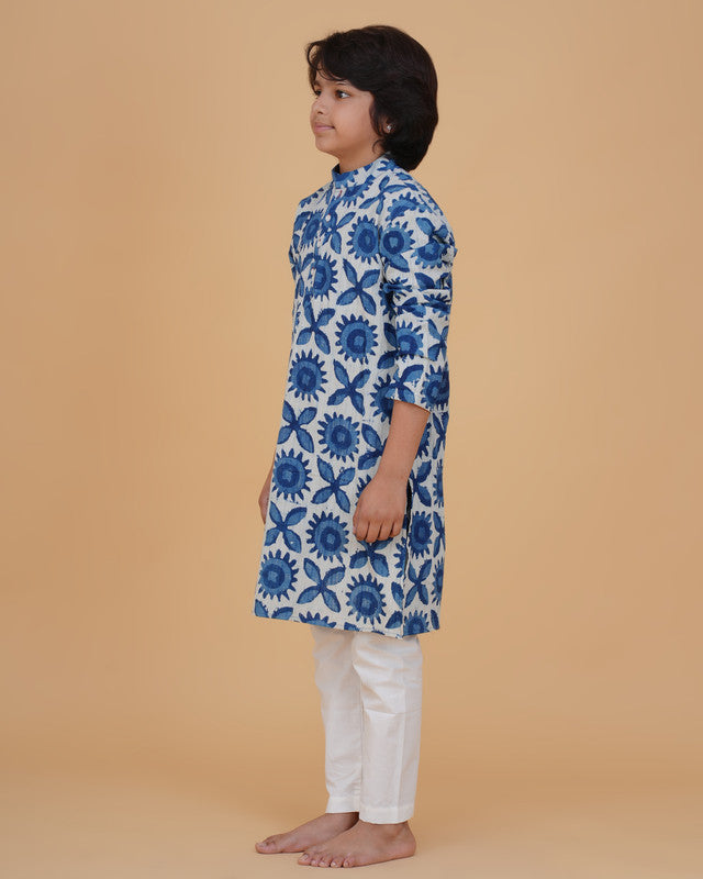 Boys Blue White Indigo Vegetable Dye Print Cotton Kurta Pajama Set - view 2 | NEW AGE CLOTHING