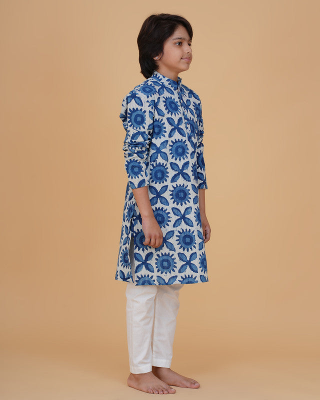 Boys Blue White Indigo Vegetable Dye Print Cotton Kurta Pajama Set - view 3 | NEW AGE CLOTHING