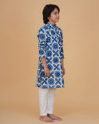 Boys Blue White Indigo Vegetable Dye Print Cotton Kurta Pajama Set - view 3 | NEW AGE CLOTHING